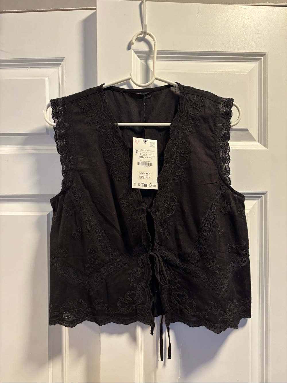 Zara Black Embroidered Tie-Front Camisole
